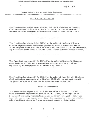President has Signed H.R. 1410, H.R. 1421, H.R. 1649, H.R. 2946, H.R. 3526 [Signing Statements and Announcements]