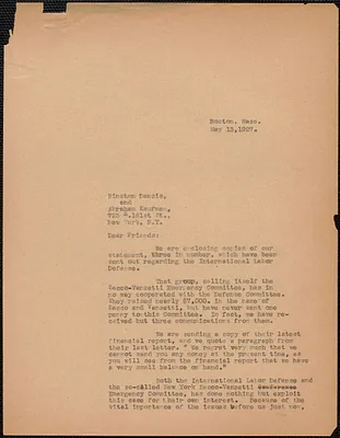 Sacco-Vanzetti Defense Committee typed letter (copy) to Winston Dancie and Abraham Kaufman, Boston, Mass., May 13, 1927