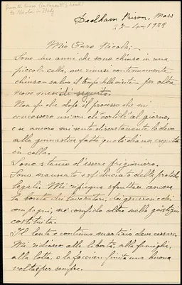 Nicola Sacco manuscript letter (in B. Vanzetti's hand) to Nicola (in Italy), Dedham, 27 April 1922