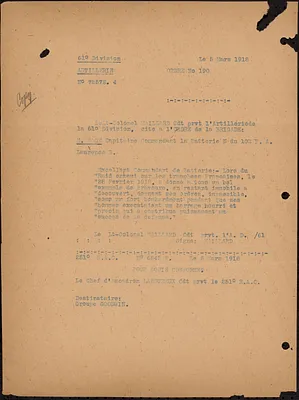 Ordre de la Brigade No. 190 from Artillerie, 61st Division, French Army, 1918-03-05
