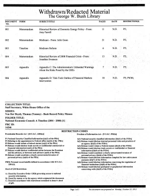 National Economic Council: A Timeline (2001 - 2008) [1]