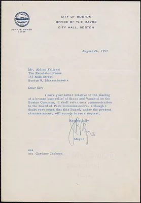 John B. Hynes (City of Boston, Office of the Mayor) typed letter signed to Aldino Felicani, Boston, Mass., August 26, 1957