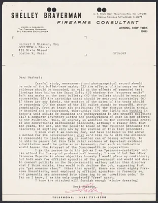 Herbert Brutus Ehrmann Papers, 1906-1970. Sacco-Vanzetti. Shelley Braverman, 1961-1968. Box 9, Folder 15, Harvard Law School Library, Historical & Special Collections