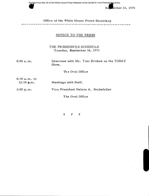 President's Schedule, Tuesday, September 14, 1976
