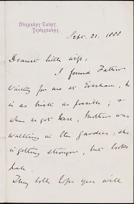 [John Biddulph Martin] autograph note to [Victoria Woodhull Martin], Tewkesbury, [England], September 21, 1888