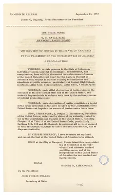 Press Release, Proclamation 3204, Obstruction of Justice in the State of Arkansas, by the President of the United States of America