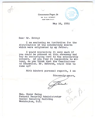 Correspondence Between Oscar R. Ewing and Generoso Pope, Jr.