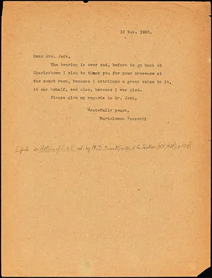 Bartolomeo Vanzetti typed note (copy) to Cerise Jack, [Dedham], 12 November 1923
