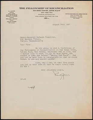 Paul Jones (The Fellowship of Reconciliation) typed letter signed to Sacco-Vanzetti Defense Committee, New York, N. Y., August 24, 1927