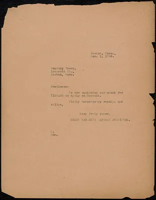 Sacco-Vanzetti Defense Committee typed note (copy) to Century Press, Boston, Mass., December 5, 1924