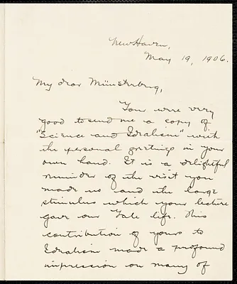 Judd, Charles Hubbard, 1873-1946 autograph letter signed to Hugo Münsterberg, New Haven, Conn., 19 May 1906