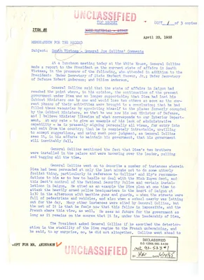 Memorandum for the Record from Dillon Anderson: South Vietnam - General Joe Collins' Comments