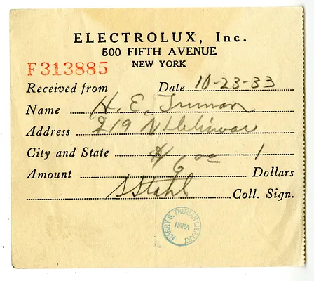 Receipt from Electrolux, Inc.