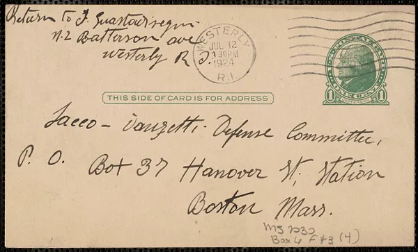 Guastadisegni autograph note signed (postcard), in Italian, to Sacco-Vanzetti Defense Committee, Westerly, R.I., July 10, 1924
