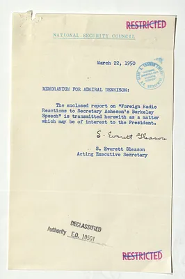 Report, Foreign Radio Reactions to Secretary [of State Dean] Acheson's Berkeley Speech with Attached Note from S. Everett Gleason to Admiral Robert Dennison