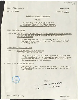 Agenda for the Fortieth Meeting of the National Security Council