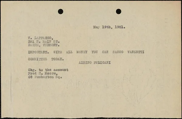Aldino Felicani telegram (copy) to V. Laffargo, Boston, Mass., May 19, 1921