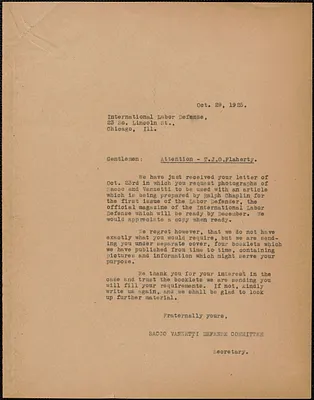 Sacco-Vanzetti Defense Committee typed letter (copy) to T. J. O'Flaherty (International Labor Defense), Boston, Mass., October 29, 1925