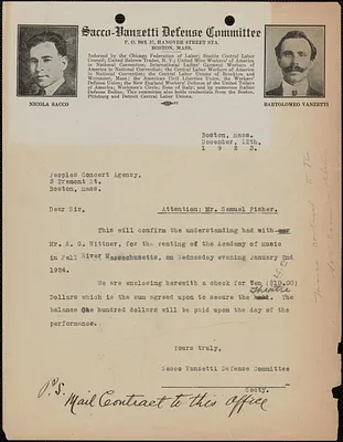 Sacco-Vanzetti Defense Committee typed letter (copy) to Samuel Fisher (Peoples Concert Agency), Boston, Mass., December 12, 1923