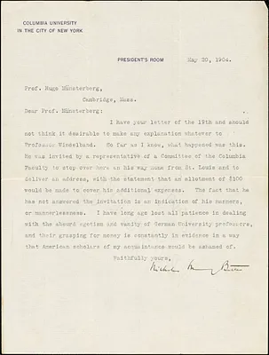 Butler, Nicholas Murray, 1862-1947 typed letter signed to Hugo Münsterberg, New York, 20 May 1904