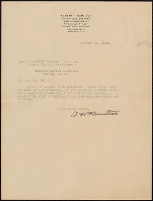 Albert H. Hamilton typed note signed to Amleto Fabbri (Sacco-Vanzetti Defense Committee), Auburn, N.Y., August 24, 1925