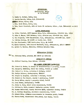 List of Interviewees for Lansing Lamont's Book, Day of Trinity
