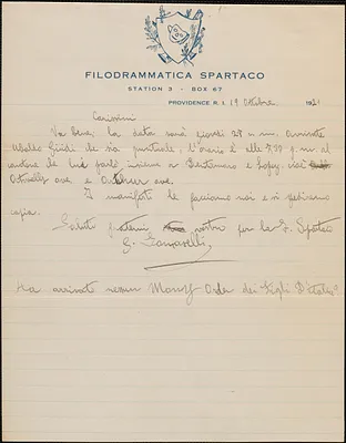 Giuseppe Tomaselli (Filodrammatica Spartaco) autograph note signed, in Italian, to Sacco-Vanzetti Defense Committee, Providence, R.I., October 19, 1921