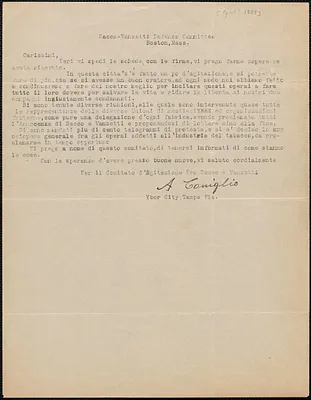 Alfonso Coniglio typed letter signed, in Italian, to Sacco-Vanzetti Defense Committee, Tampa, Fla., [April? 1927]