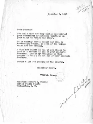 Letter from President Harry S. Truman to Senator Elbert Thomas