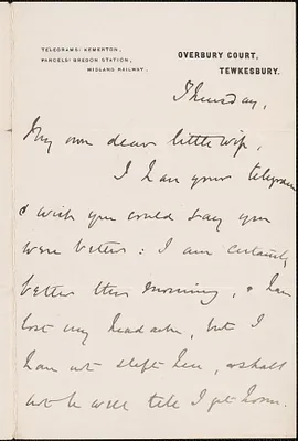 [John Biddulph Martin] autograph note to [Victoria Woodhull Martin], Tewkesbury, [England], approximately 1883-1897