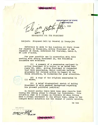 Memorandum from Secretary of State Dean Acheson to President Harry S. Truman, with Attachments
