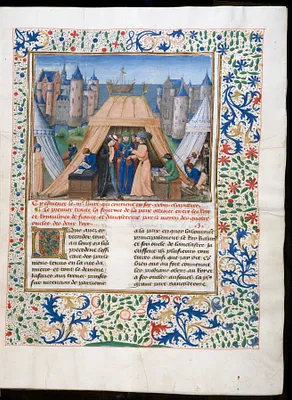 Leaf from Chronicles of England, Volume IV: French and English representatives meet at Leulighem, the ""Peace of Duke Philip""