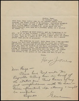 Hays Jones typed letter signed to Eugene Lyons, Boston, Mass., October 11, 1923