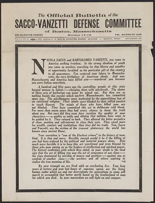 Sacco-Vanzetti Case Records, 1920-1928. Printed Materials. Defense Committee Bulletin, September 1927. Box 42, Folder 13, Harvard Law School Library, Historical & Special Collections