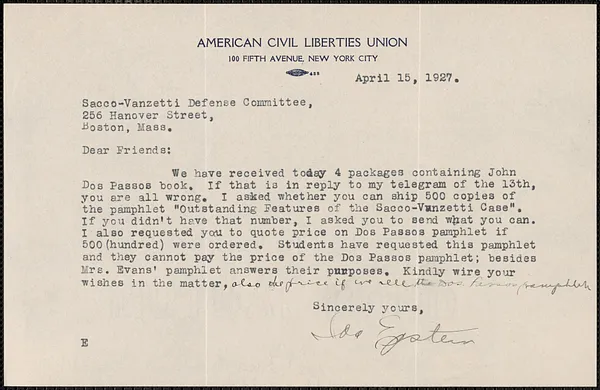 Ida Epstein (American Civil Liberties Union), typed letter signed to Sacco-Vanzetti Defense Committee, New York, N.Y., April 15, 1927