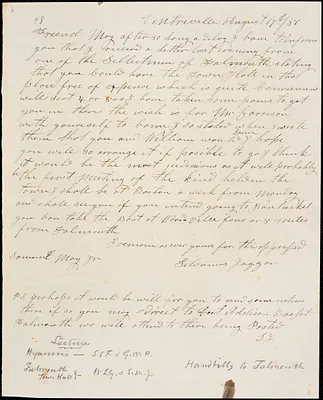 Letter from Silvanus Jaggor, Centreville, [Massachusetts], to Samuel May, [18]51 August 17th