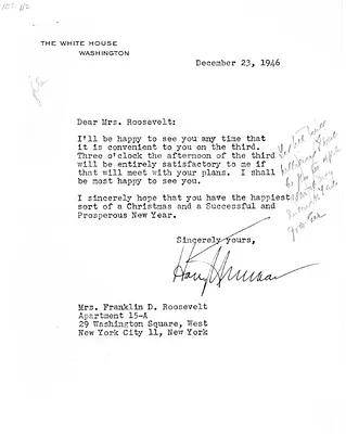 Letter from Harry S. Truman to Eleanor Roosevelt