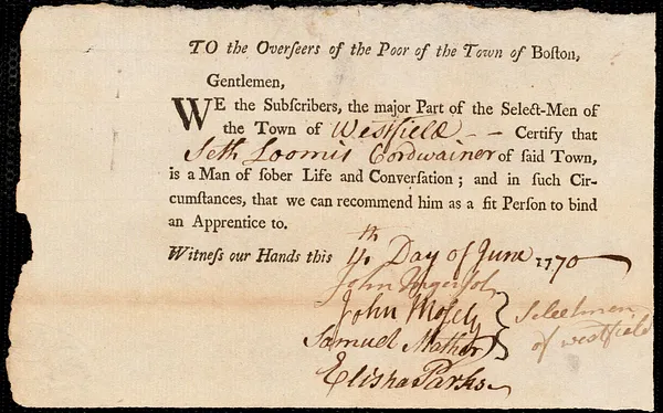 Richard Smith indentured to apprentice with Seth Loomis of Westfield, 6 June 1770