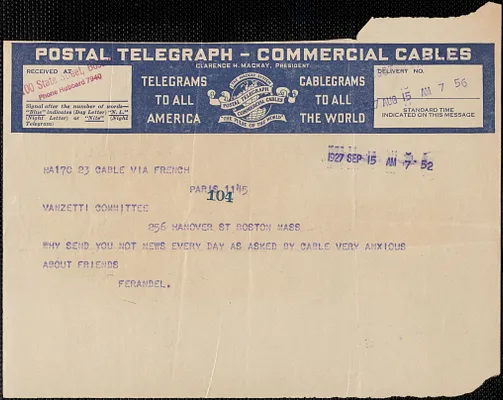 Ferandel telegram to Sacco-Vanzetti Defense Committee, Paris, France, September 15, 1927