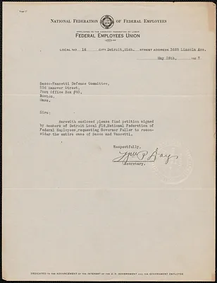 [William?] P. Day (National Federation of Federal Employees) typed note signed to Sacco-Vanzetti Defense Committee, Detroit, Mich., May 26, 1927