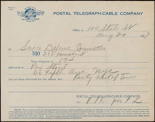 Postal Telegraph-Cable Company printed form to Sacco-Vanzetti Defense Committee, Boston, Mass., August 20, 1927