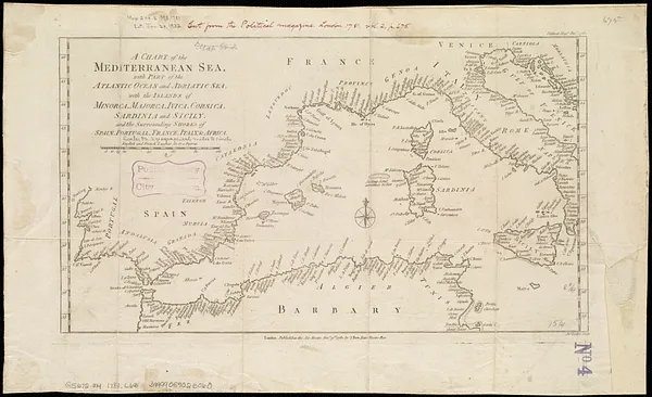A chart of the Mediterranean Sea, with part of the Atlantic Ocean and Adriatic Sea, with the islands of Minorca, Majorca, Ivica, Corsica, Sardinia and Sicily and the surrounding shores of Spain, Portugal, France, Italy & Africa