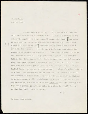 James, William, 1842-1910 typed letter signed to Hugo Münsterberg, Bad-Nauheim, Ger., 8 July 1901