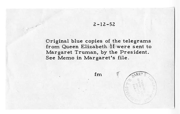 Telegram from Queen Elizabeth II to President Harry S. Truman, with Related Note