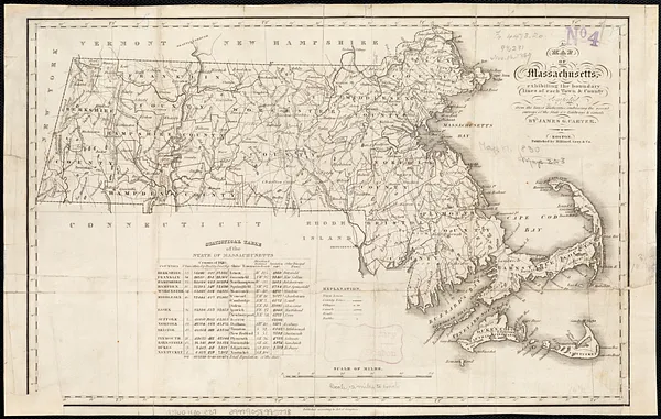 A map of Massachusetts, exhibiting the boundary lines of each town and county