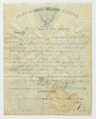Discharge Paper of Private James R. Brown, Company D, 18th U.S. Infantry Regiment