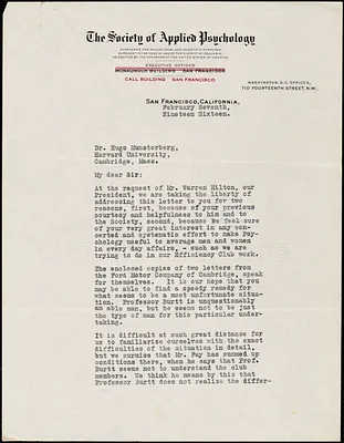 Blackburne, H A, fl. 1916 typed letter signed to Hugo Münsterberg, San Francisco, 07 February 1916