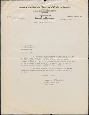 Calla M. Elferdink (Federal Council of the Churches of Christ in America) typed letter signed to Creighton [J.] Hill, New York, N. Y., September 21, 1927