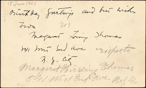 Margaret [Loring?] Thomas autographed note (postcard) signed to Bartolomeo Vanzetti, New York, 17 June 1923