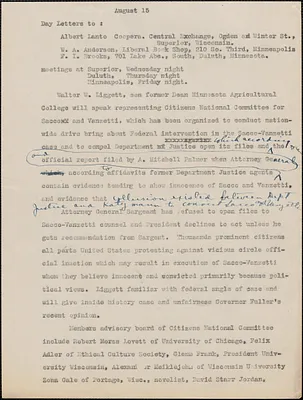 Typed letter (draft) to Albert Lanto, et al, [Minneapolis, Minn. ?], August 15, [1927]